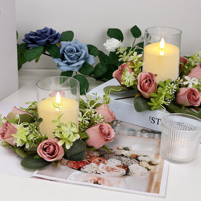 Tobilu 12 PCS Roses Candle Rings Wreaths - 3 Inch Artificial Floral Rings with LED Flameless Candles Eucalyptus Leaves for Spring Banquet Table Centerpieces Home Wedding Party, Dusty Pink