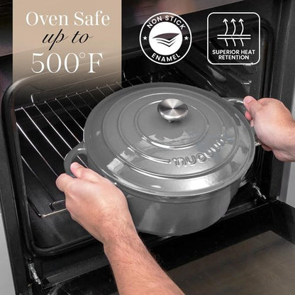 Cast Iron Pot with Lid – Non-Stick Ovenproof Enamelled Casserole Pot, Oven Safe up to 500° F – Sturdy Dutch Oven Cookware – Grey, 5-Quart, 24cm – by Nuovva