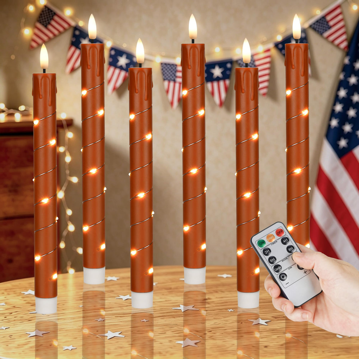 Patriotic Flameless Taper Candles with Remote for 250th Anniversary Decorations，3D Flickering Flame LED Candles Arounded with Starlight String for 4th of July Decoration, Pack of 6, Reddish Brown