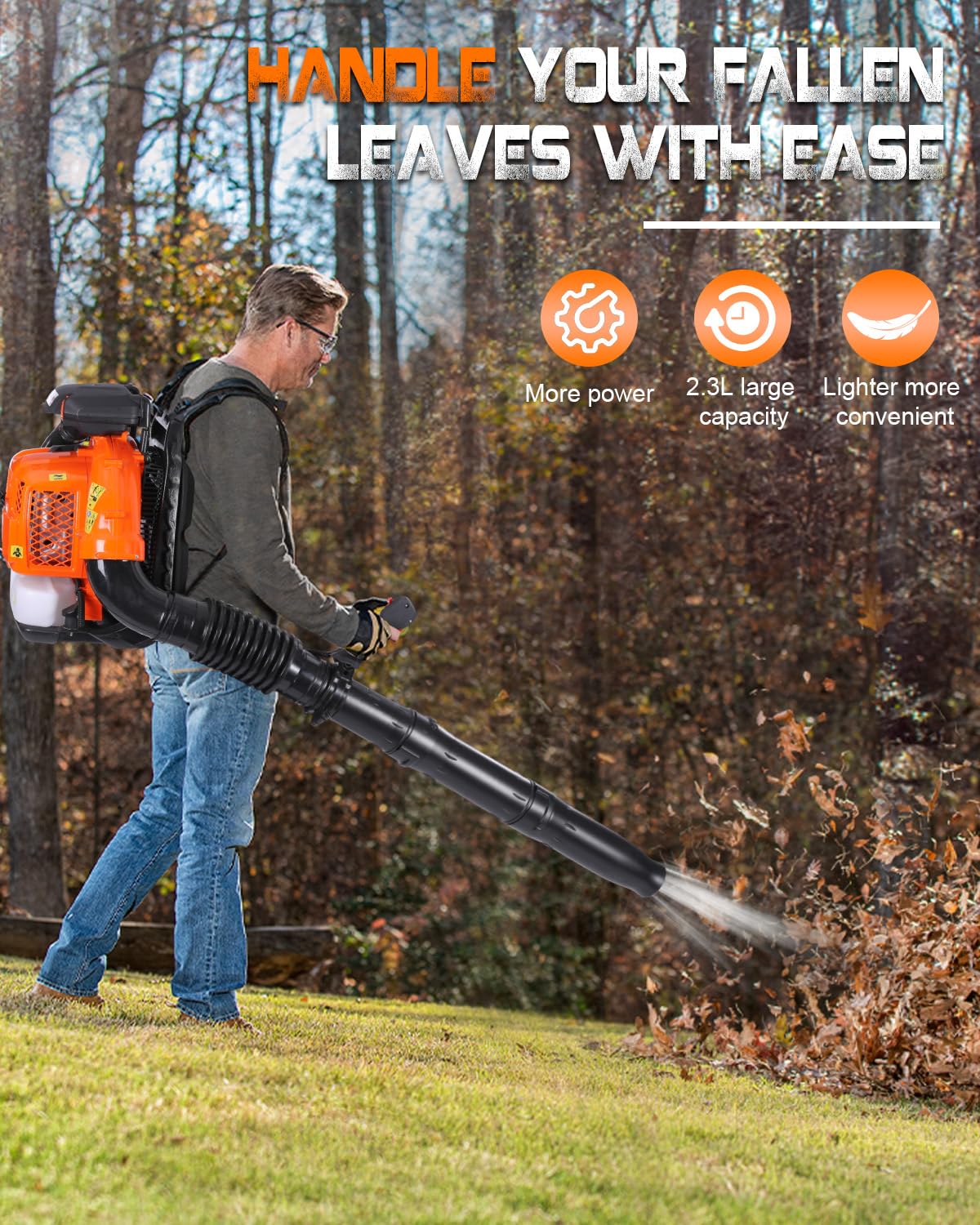 Getell 80cc Gas Backpack Leaf Blower, 900CFM 206MPH 2-Stroke Engine, Heavy-Duty Leaf & Snow Blower for Lawn, Garden & Commercial Use (Orange)