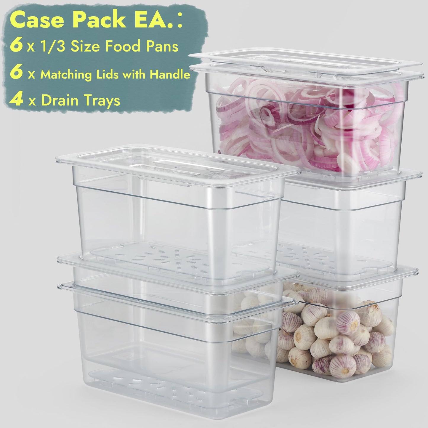 CURTA 6-Pack 1/3 Size 6" Deep NSF Polycarbonate Food Pans with Handled Lids & Drain Trays | Dishwasher & Freezer Safe Clear Container for Prep Tables, Buffet, Salad Bar, Commercial & Home Kitchen