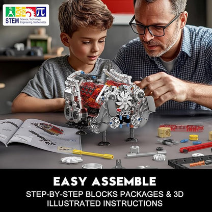 Mould King W16 Engine Model Kits - Build Your Own Supercar Engine Toy MOC Engineering Building Blocks Set That Run Twin V8 Engine Building Kits with Motor STEM Toy for Teen Adult(955 Pieces)