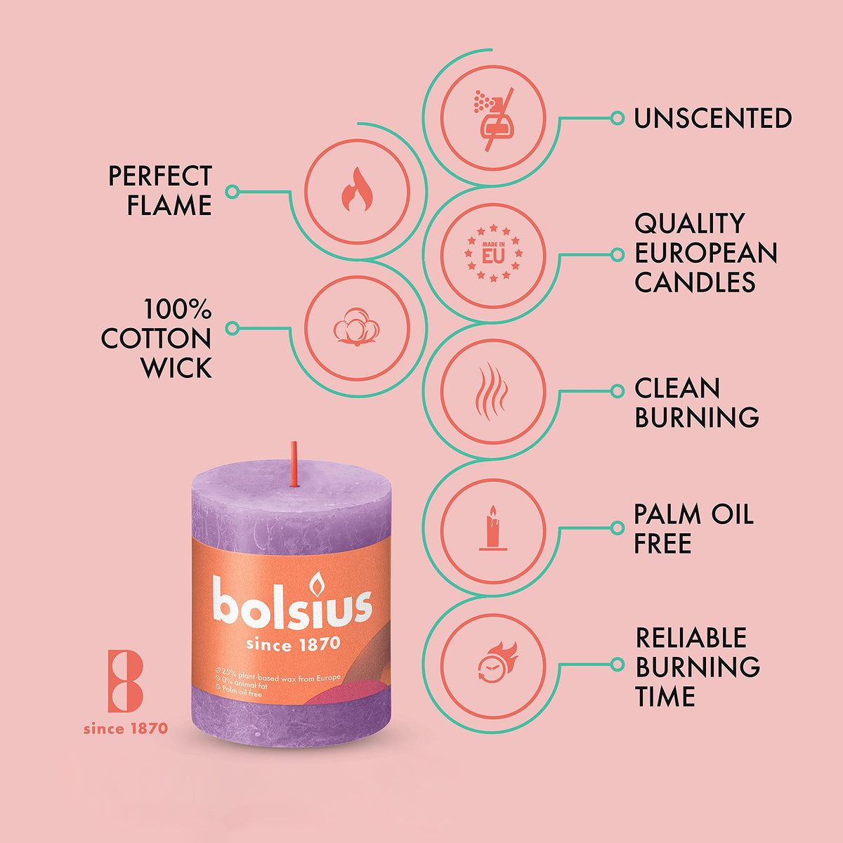 BOLSIUS 4 Pack Vibrant Violet (Purple) Rustic Pillar Candles - 2.75 X 3.25 inches - Premium European Quality - Includes Natural Plant-Based Wax - Unscented Dripless Smokeless 35 Hour Party Candles
