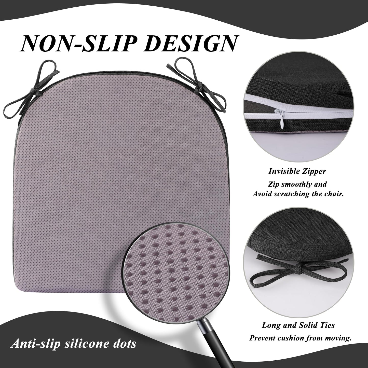 FlyGulls Chair Cushions for Dining Chairs 4 Pack Textured U-Shaped Kitchen Chair Cushions with Ties and Non-Slip Backing Indoor Chair Pads with Removable Cover (17"x17" Black)