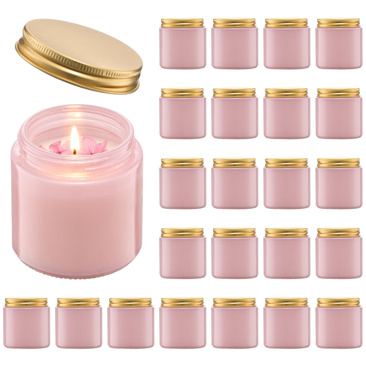 Danmu 3 oz Pink Glass Candle Jars with Gold Lids - Threaded Seal Candle Making Kit & Supplies, Thick Empty Candle Jars for DIY, Storage, Wedding Favors 24 Pack