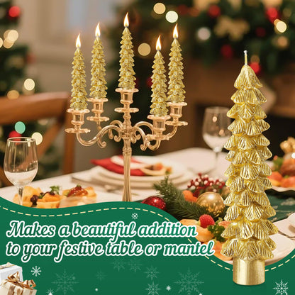 Ceoighe 2 Pack Christmas Tree Candles, 5 Inch Unscented Tree Shaped Taper Beeswax Candles for Christmas Holiday Decor Table Centerpiece Display Party Banquet Gift (Gold)