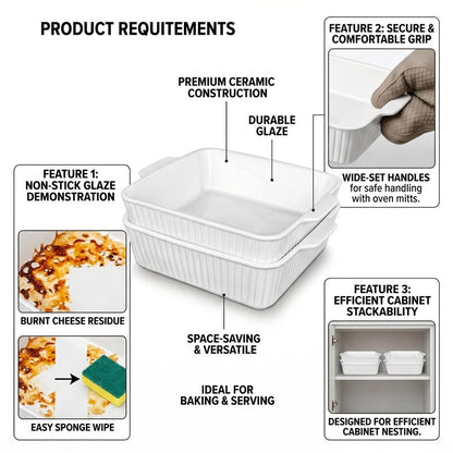 cikiciki 10" Square Ceramic Casserole Dish Set of 2-2.6 Qt Deep Baking Dishes with Handles for Oven, Lasagna Pan for Casseroles Cake Bread, Microwave Dishwasher Safe Bakeware Set, White