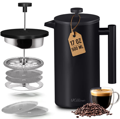 Utopia Kitchen 304 Grade Stainless Steel French Press Coffee Maker 17 Oz, Double Wall Insulated Coffee Press with 4-Level Filtration system, Include 2 Extra Filters, Rust-Free, Black