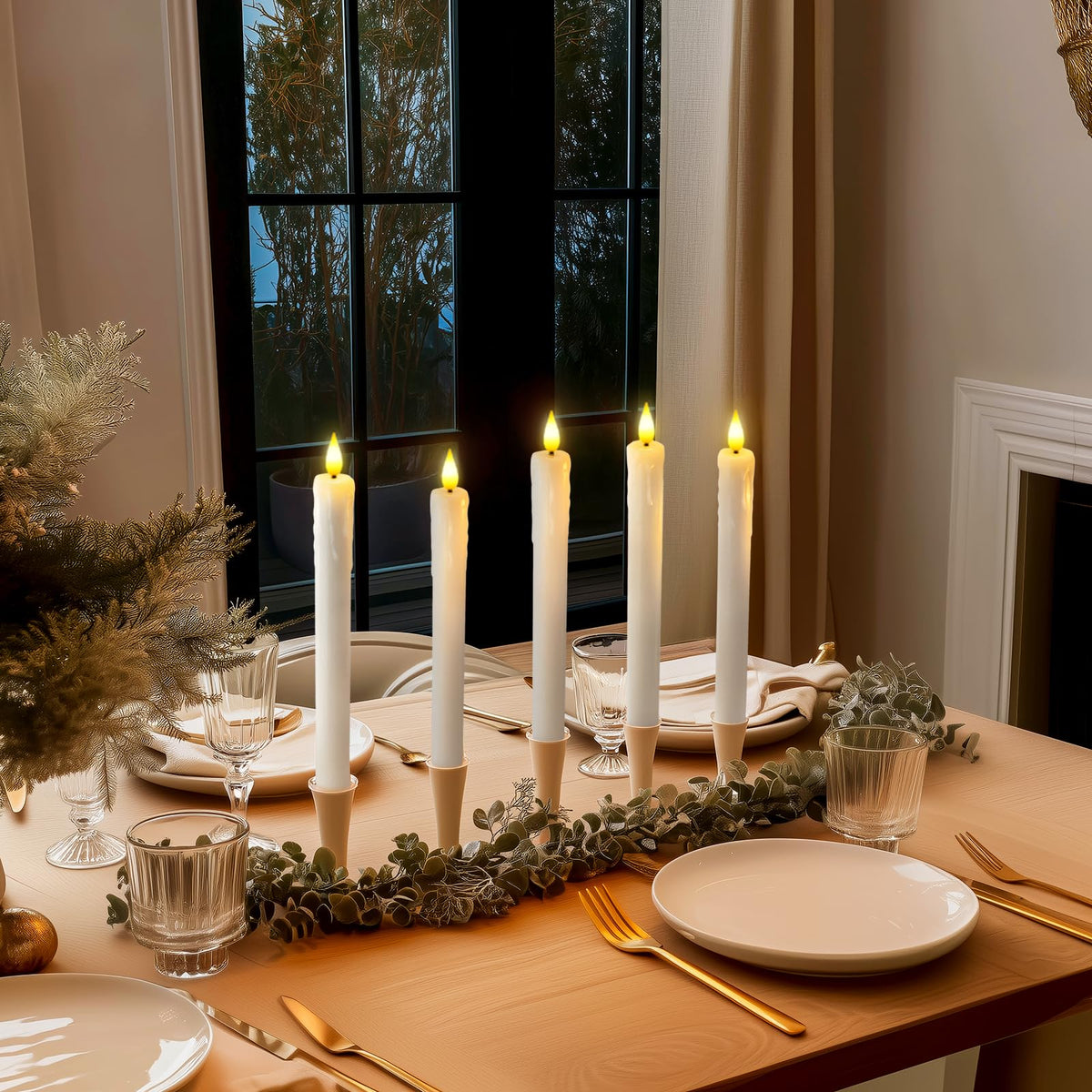 Homemory Real Wax LED Flameless Taper Candles with Timer, Dripless Fake Candlesticks with 3D Flickering Flame, 9.6 Inches White Window Candle for Fireplace Christmas Halloween