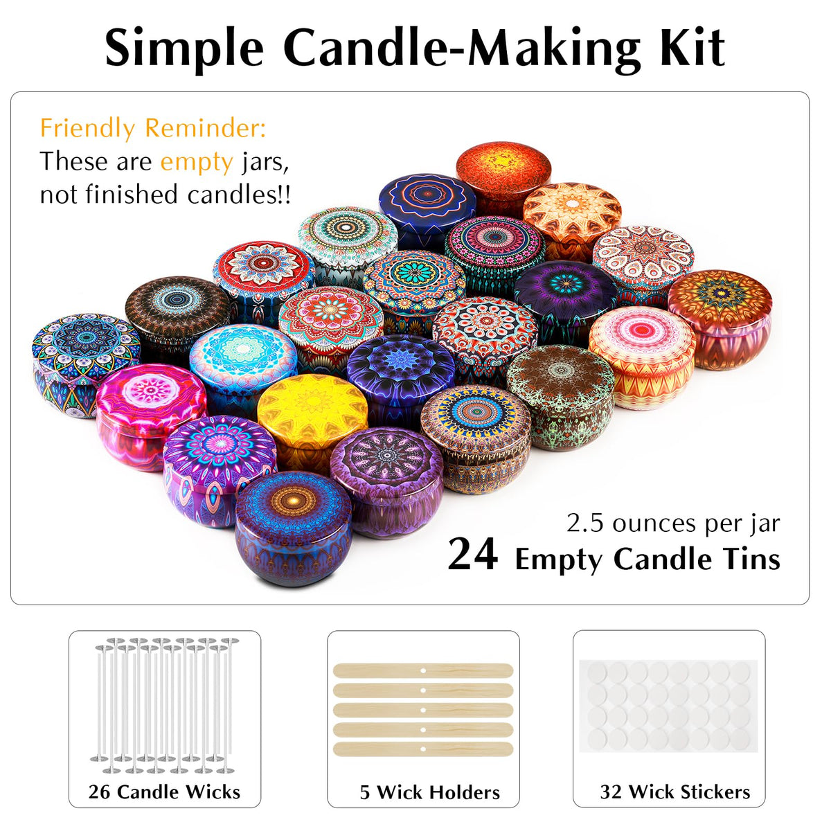 Domivirgo 24 Empty Candle Tins 2.5 oz with Lids - Simple Candle-Making Kit, Includes 26 Wicks, 5 Holders & 32 Stickers, Multi-Purpose Storage Containers for Crafts & Small Items (2.5oz)