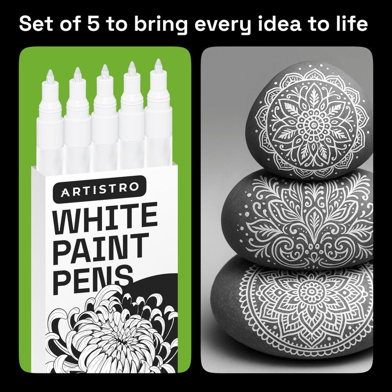 ARTISTRO 5 White Paint Pen for Rock, Glass, Ceramic, Wood, Tire, Fabric, Metal, Canvas, Marking, Painting - Set of 5 Acrylic Paint Markers Water-based