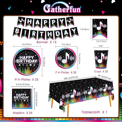 Music Party Supplies Disposable Paper Plates Napkins Cups Tablecloth and Banner for Girls Boys Music Party Birthday Decorations Serve 25.