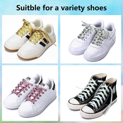 Olukssck 2 Pairs Flat Glitter Shiny Metallic Shoe Laces for Sneakers, 2/5" Wide Sequin Athletic Shoelaces Light Gold 55 inch(140cm)