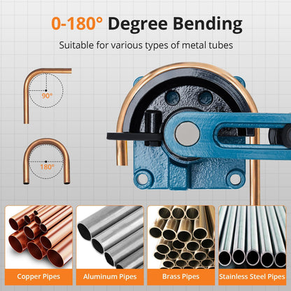 Heavy Duty Steel Metal Tube Bender for Easy and Fast Bending - Tube Cutter and 7 Sturdy Dies Included，Ideal for Repair Shops 3/8" to 1" Manual Tube Bender 0-180° Easy and Fast Bending