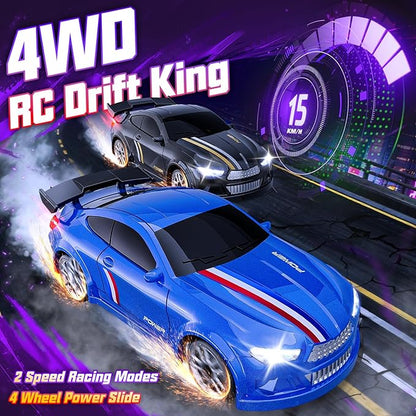 Mini RC Drift Car 1:64 Scale Remote Control Car with LED Lights &amp 2-Speed Modes 2.4GHz Stunt Drifting RC Toys with 4 Obstacles &amp Track Mat Hobby Gift for Kids &amp Adults Blue