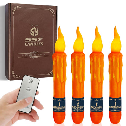 Gedengni 4pcs Orange Real Wax LED Tapered Candles, Battery Operated, Remote Controlled, 6inches, Perfect for Weddings, Decorations, Emergency Use