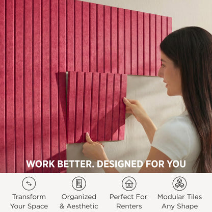 VIVELDA Felt Bulletin Board Tiles 48"x36" - 12-Pack Cork Board Alternative, Oeko-TEX Certified, NRC 0.95 Acoustic Wall Panels, Damage-Free Adhesive, Slatted Design, Home Office & Classroom (Burgundy)
