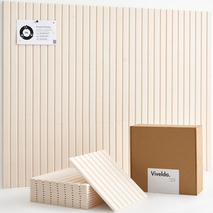 VIVELDA Felt Bulletin Board Tiles 48"x36" - 12-Pack Cork Board Alternative, OEKO-TEX Certified, NRC 0.95 Acoustic Felt Wall Panels, Damage-Free Adhesive, Slatted Design Home Office & Classroom (Linen)