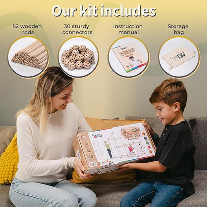 MIND KIDZ Wooden Fort Building Kit for Kids - STEM Montessori construction toy - 52 rods &amp 30 spheres Eco-friendly play set for boys &amp girls