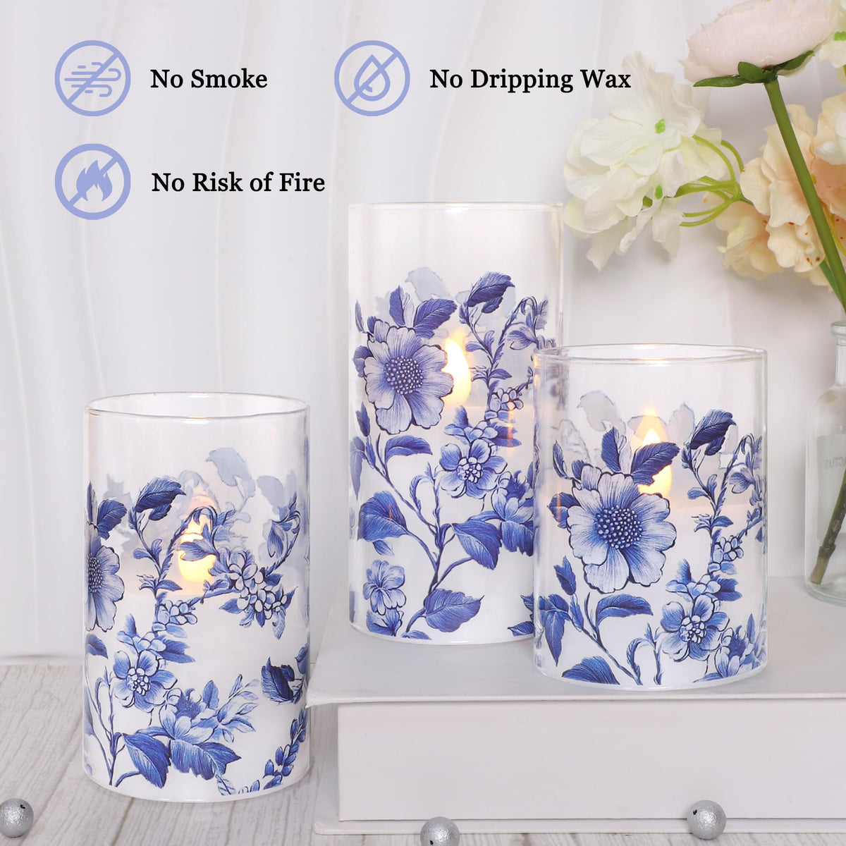 Impress Life Chinoiserie Decor Flameless Candles Blue and White Battery Operated with Remote & Timer Blue White Floral Printed Glass Flickering LED Pillar Candle for Wedding Party Home Table Decor