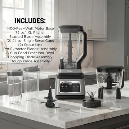 Ninja BN801 Professional Plus Kitchen System, 1400 WP, 5 Functions for Smoothies, Chopping, Dough & More with Auto IQ, 72-oz.* Blender Pitcher, 64-oz. Processor Bowl, (2) 24-oz. To-Go Cups, Grey