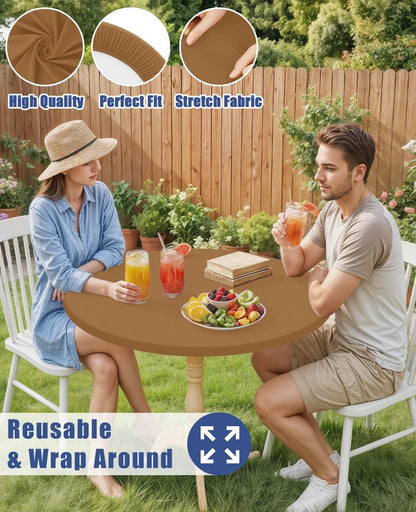 Moosfor Round Spandex Tablecloth, Elastic Fitted Waterproof Tablecloths for 18"-24" Tables, Stretch Washable Picnic Table Cover for Camping, Dining, Indoor and Outdoor,Brown