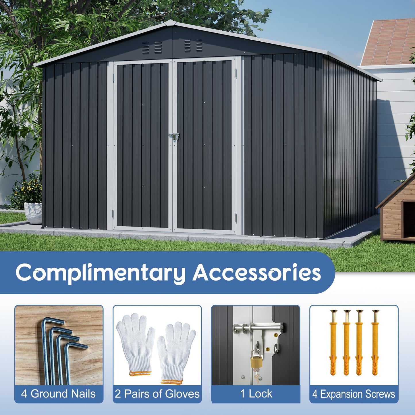 10'x10' Galvanized Steel Outdoor Storage Shed with Lockable Sliding Double French Doors & Top Air Vents, Large Heavy-Duty Garden Tool Shed, Black