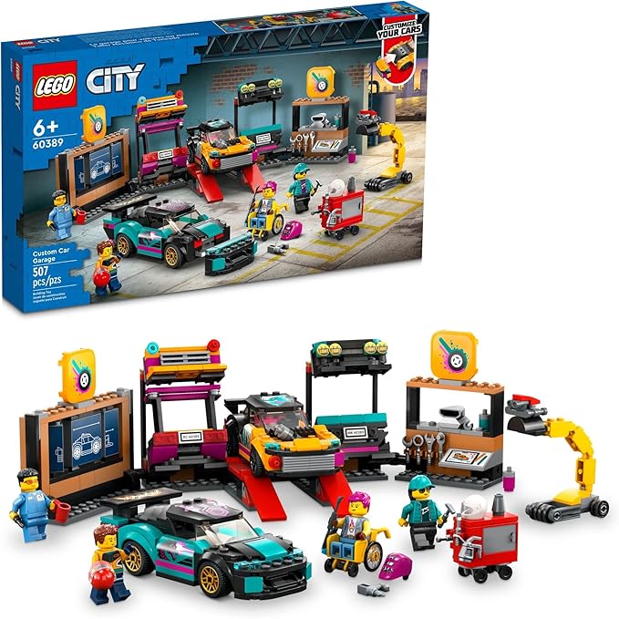 LEGO City Custom Car Garage 60389 Toy Garage Building Set with 2 Customizable Cars and Car Accessories Pretend Play Mechanic Toy with 4 Minifigures Gift Idea for Christmas for 6 Year Old Kids