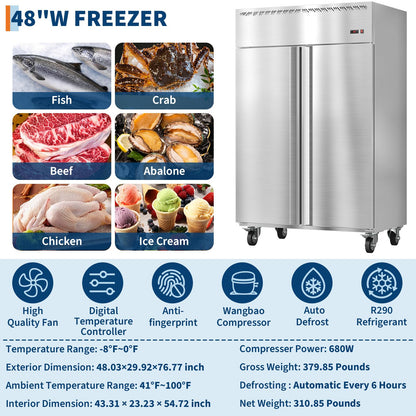 48" W Commercial Freezer -8°F~0°F with 2 Door, Reach-in 36 Cu.ft Stainless Steel Commercial Refrigerator Fan Cooling, Auto Defrost, 6 Adjustable Shelves, for Restaurant, Bar, Kitchen, Shop