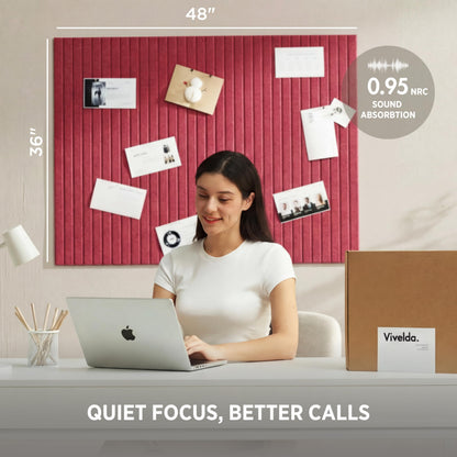VIVELDA Felt Bulletin Board Tiles 48"x36" - 12-Pack Cork Board Alternative, Oeko-TEX Certified, NRC 0.95 Acoustic Wall Panels, Damage-Free Adhesive, Slatted Design, Home Office & Classroom (Burgundy)