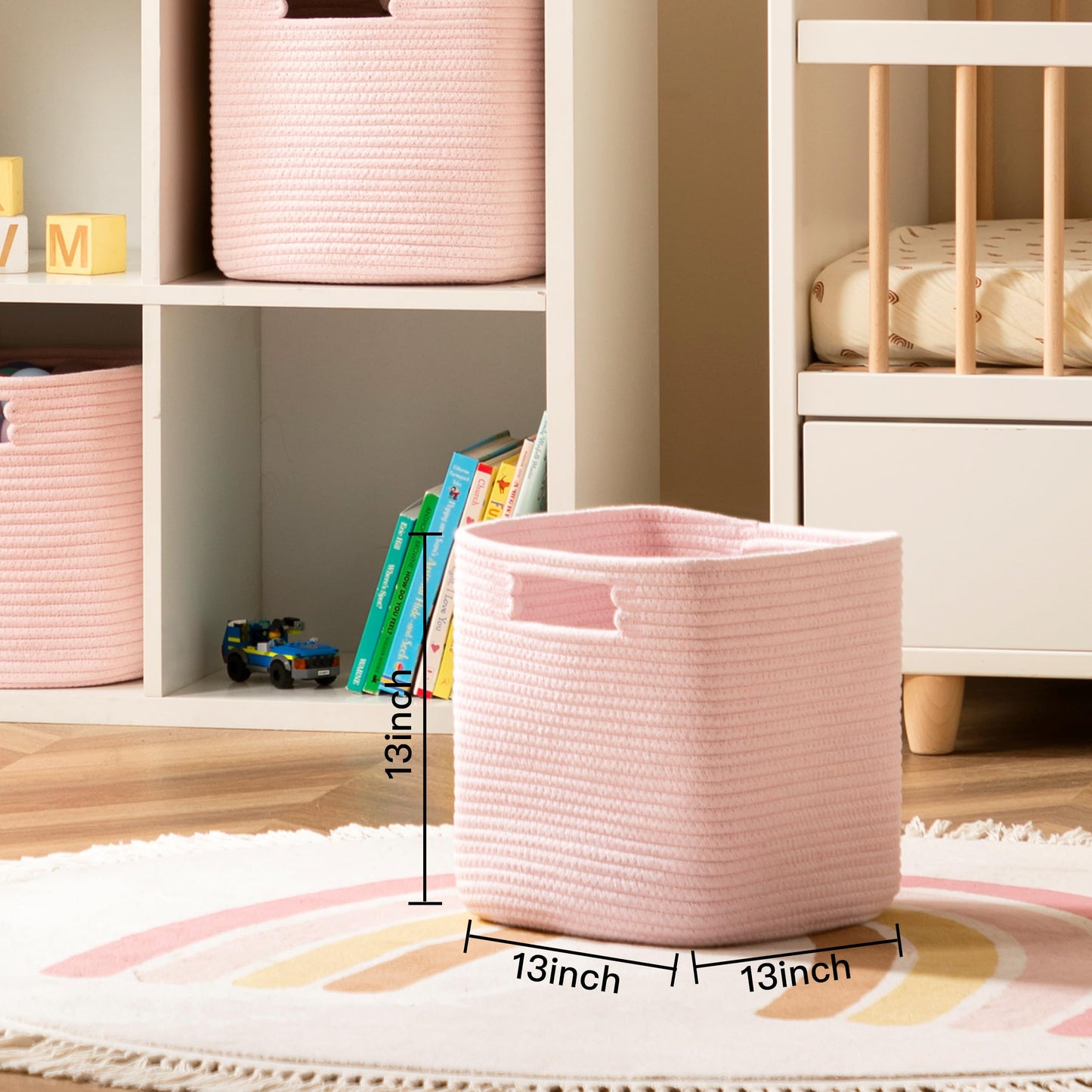 Dreamcountry 13x13 Cube Storage Bins, Storage Cubes with Handles, 4 Pack Cotton Rope Basket for Shelves, Cube Storage Organizer forToys, Book, Clothes, Home, Office, Nursery, Pink