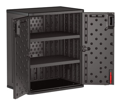 Suncast Commercial Heavy-Duty 9 Cubic Ft. Resin Storage Cabinet with Lockable Handles, Adjustable Metal-Reinforced Shelves for Garage or Workspace, Black, Made in The USA