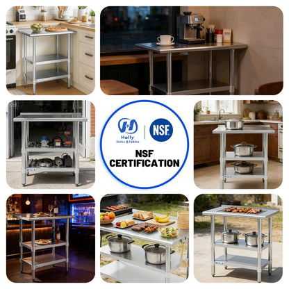 Hally 24 x 36 Inch Stainless Steel Prep Table with Backsplash, NSF Certified, 2 Adjustable Undershelves and Removable Hook for Kitchen, Restaurant, Garage