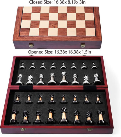 VAMSLOVE Chess Set Large 16''/42cm Folding Wooden Board with Deluxe Weighted Acrylic Chess Pieces - 3.5 King with Storage Slots for Adults House Warming Retirement Gift