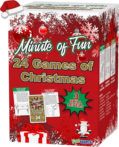 Funwares 24 Days of Christmas Games - Complete Advent Calendar Christmas-Themed Minute to Win It Challenges for Kids Teens &amp Families 2-12 Players Ready to Play Right Out of the Box!