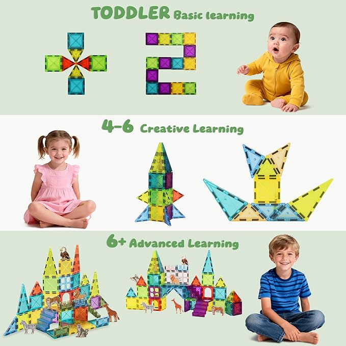 Magnetic Tiles for Kids 62PCS Magnatiles Building with Storage Bag Set Toddler Construction STEM Small Travel Tiles Micro Toys for Kid Ages 3 4 5 6 7 8 9 10 Preschool Boys Girls Birthday