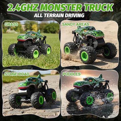 Gohero Monster Truck Toys for Kids 1:20 Dinosaur Toys RC Car Truck with 360° Spins &amp Drifting 2.4GHz All-Terrain Monster Trucks for Boys Age 4-7 | with LED Light Music &amp 2 Rechargeable Batt