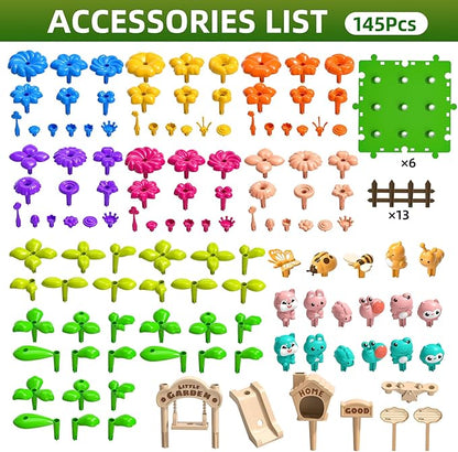 145 Pcs Toys for 3 Year Old GirlToddler Gardening Set Flower Garden Toy Girls Building Sets Best Educational Learning Fine DIY Crafts Stem Construction Stacking Kitfor 3 4 5 6 7 Years Kids