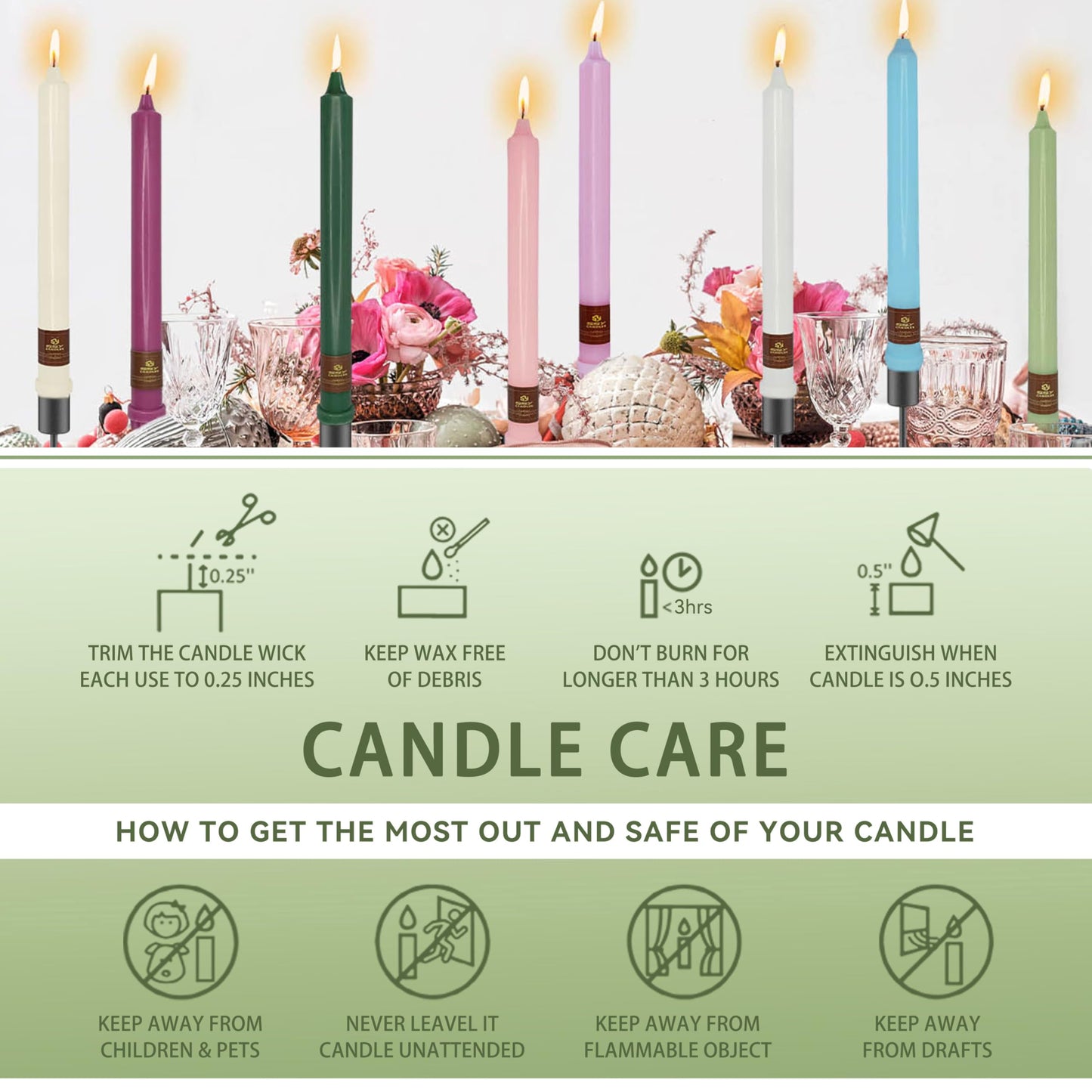 Green Taper Candle 10 Inch Long Candlesticks Unscented Dripless Tapered Candle Set for Home Decor Wedding Party Dinner Candles, 4 Pack