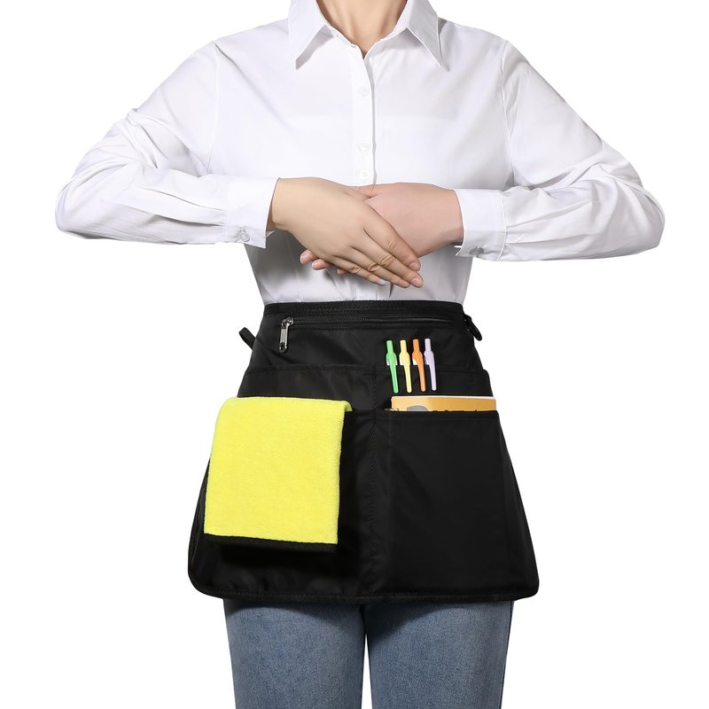 Bafelia Waterproof Server Apron for Women with 6 Pockets,Quickly Put on and Take off Waitress Apron,Work Apron for Bartender Barista (1, Black)