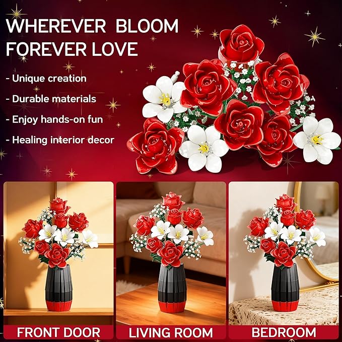Rose Flowers Bouquet Building Set with Vase Included 1077 PCS Artificial Flowers Botanical Collection Kit for Adults Women Men &amp Teen Girl Mother's Day Birthday Gifts for Mom Her Wife Girlfriend