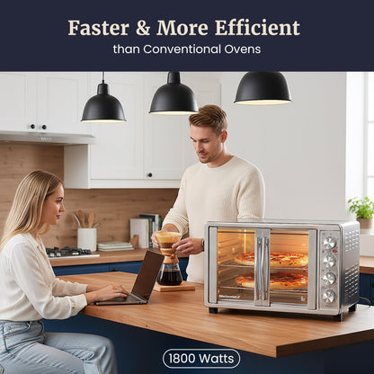 Elite Gourmet ETO4510B# French Door 47.5Qt, 18-Slice Convection Oven 4-Control Knobs, Bake Broil Toast Rotisserie Keep Warm, Includes 2 x 12" Pizza Racks, Stainless Steel