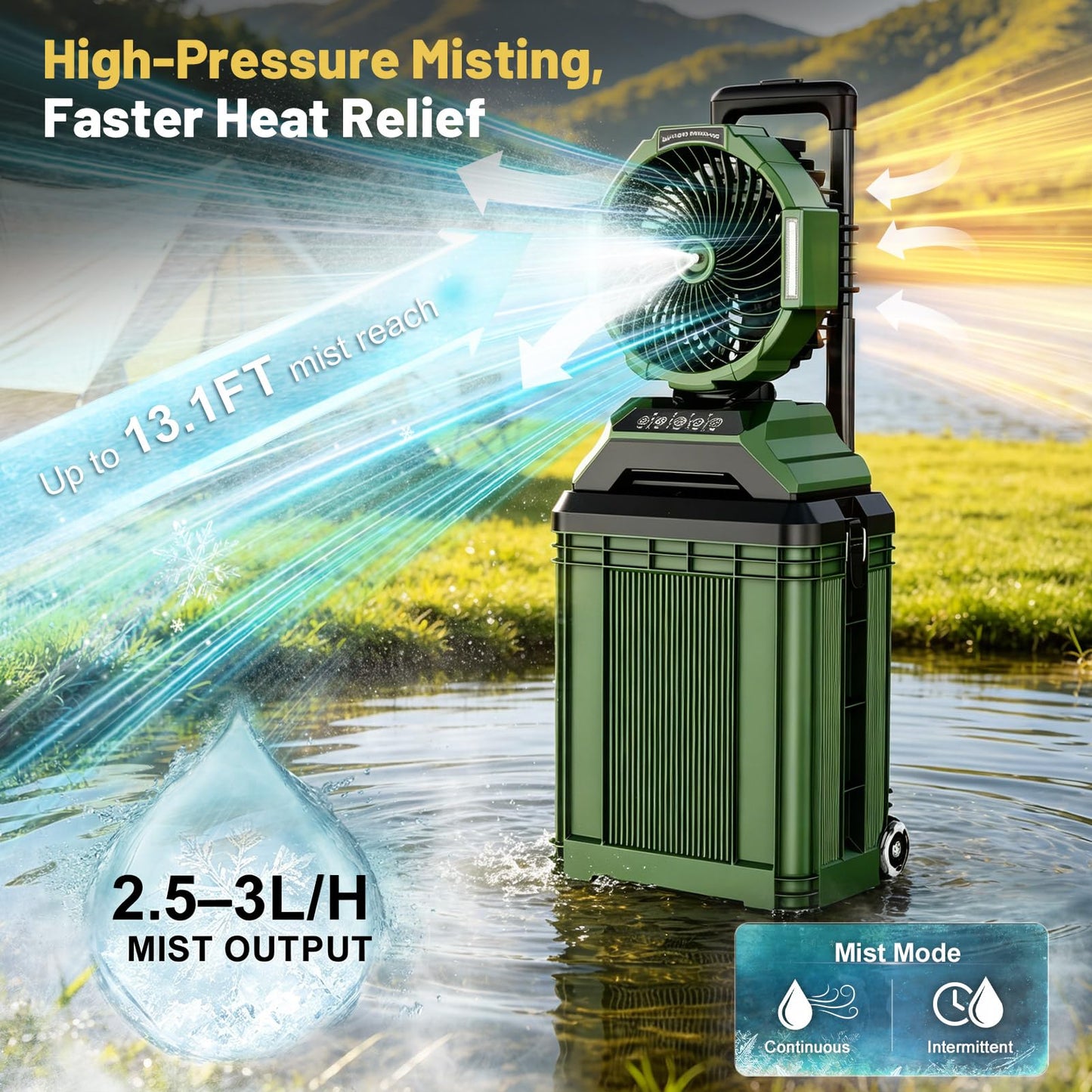 Innopower Misting Fan for Outside, 30000mAh Rechargeable Outdoor Cooling Fan with 4 Wind Speeds, High-Pressure Mist, 4 Mist Levels, 90° Oscillation, 4-Gallon Tank, for Patio, Camping, Sports, Jobsite