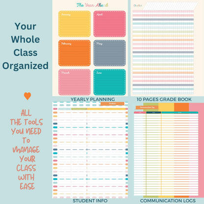 Undated Teacher Planner 8.5 x 11-12 Months & 52 Weeks | Colorful School Supplies Cover | Monthly & Weekly Lesson Plan Book with Stickers, Storage Pocket & Snap-In Bookmark | Classroom Organizer