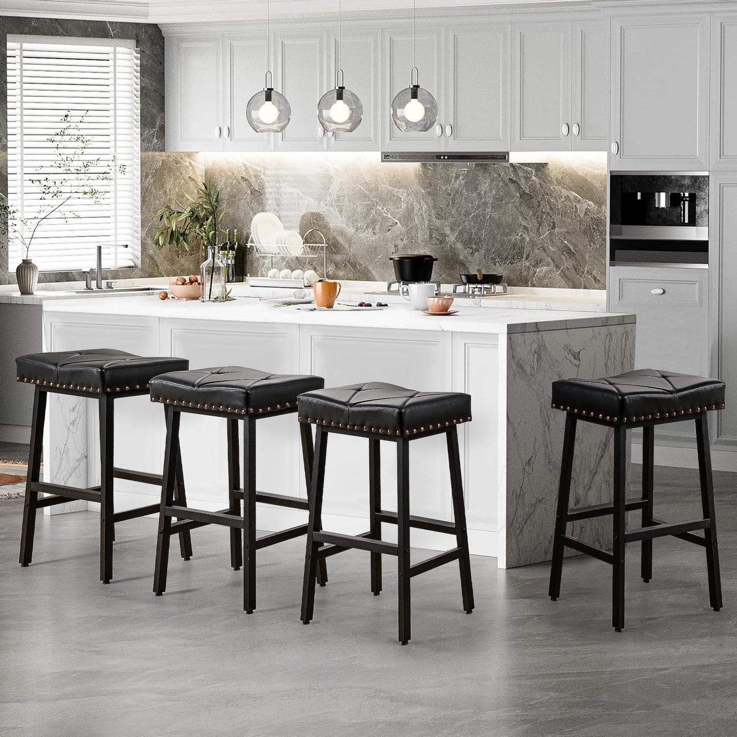 VECELO 25 inch Counter Height Stools for Kitchen Island, 3.3'' Thick PU Upholstered Saddle Seats, Backless Bar Chairs with Metal Base, Black