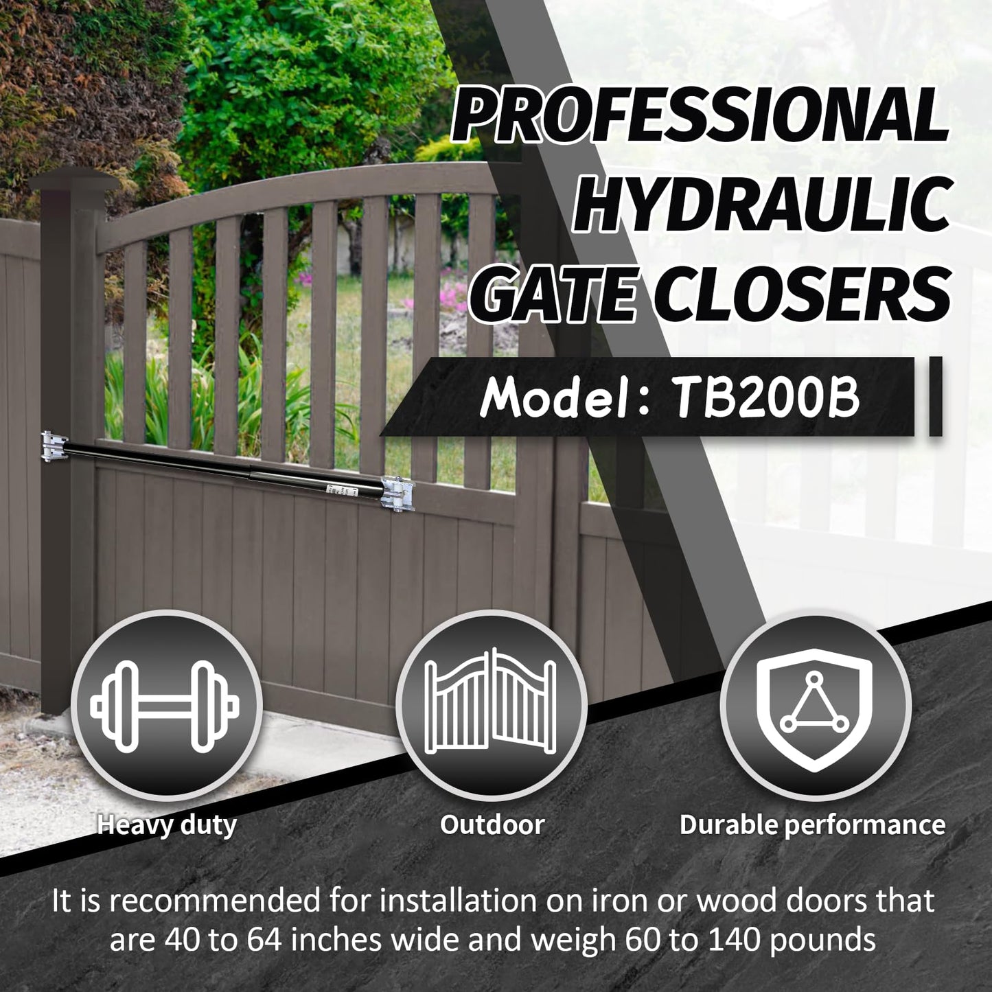 TB200 Hydraulic Gate Closer, 110° Maximum Opening Angle, Durable Automatic Gate Closer for 60–140 Lbs Vinyl, Steel, Wood and Chain Link Fence Gates