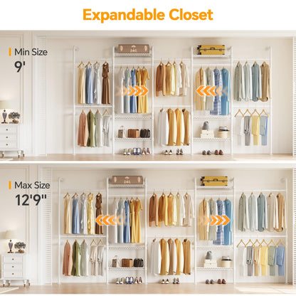 Higeego W5 Wall Mounted Expandable Clothes Rack, 9-12 ft Wide Adjustable Clothing Rack with Extended Rod Closet Organizer System Industrial Pipe Garment Rack for Reach in Closet 1300LB Capacity, White