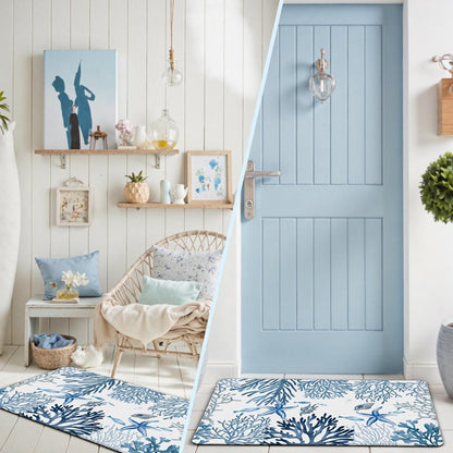Kitchen Mats for Floor Cushioned Anti Fatigue Sets of 2 Coastal Kitchen Rugs Non Slip Waterproof Nautical Foam Kitchen Floor Rug Beach Theme Coral Fish Comfort Standing Mat for Sink Laundry, Blue