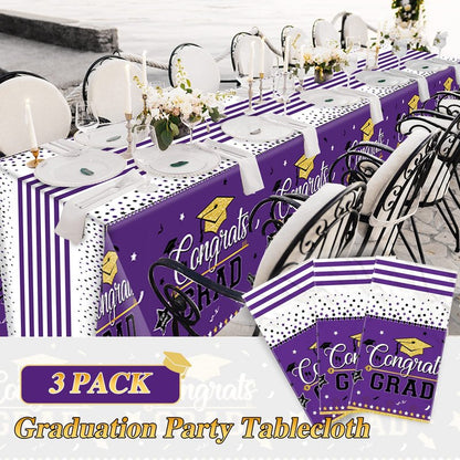 Graduation Tablecloth Party Decorations, 3 Pack Class of 2026 Congrats Grad Purple Graduation Party Tablecover Rectangle Plastic Table Cloth Disposable Table Covers Party Supplies, Large Size 54"x108"