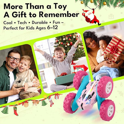 Threeking New Remote Control Car RC Flip Stunt Double Sided Driving Cars Toys for Girls Ages 6-12 USB-C Modular Batteries 4WD 360° Flips with Breathing Soft Lights Presents Gifts for Kids Pink